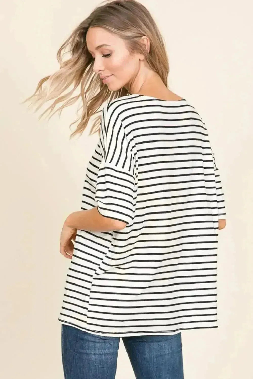 BOMBOM Striped Round Neck T-Shirt - Bad Moms Club