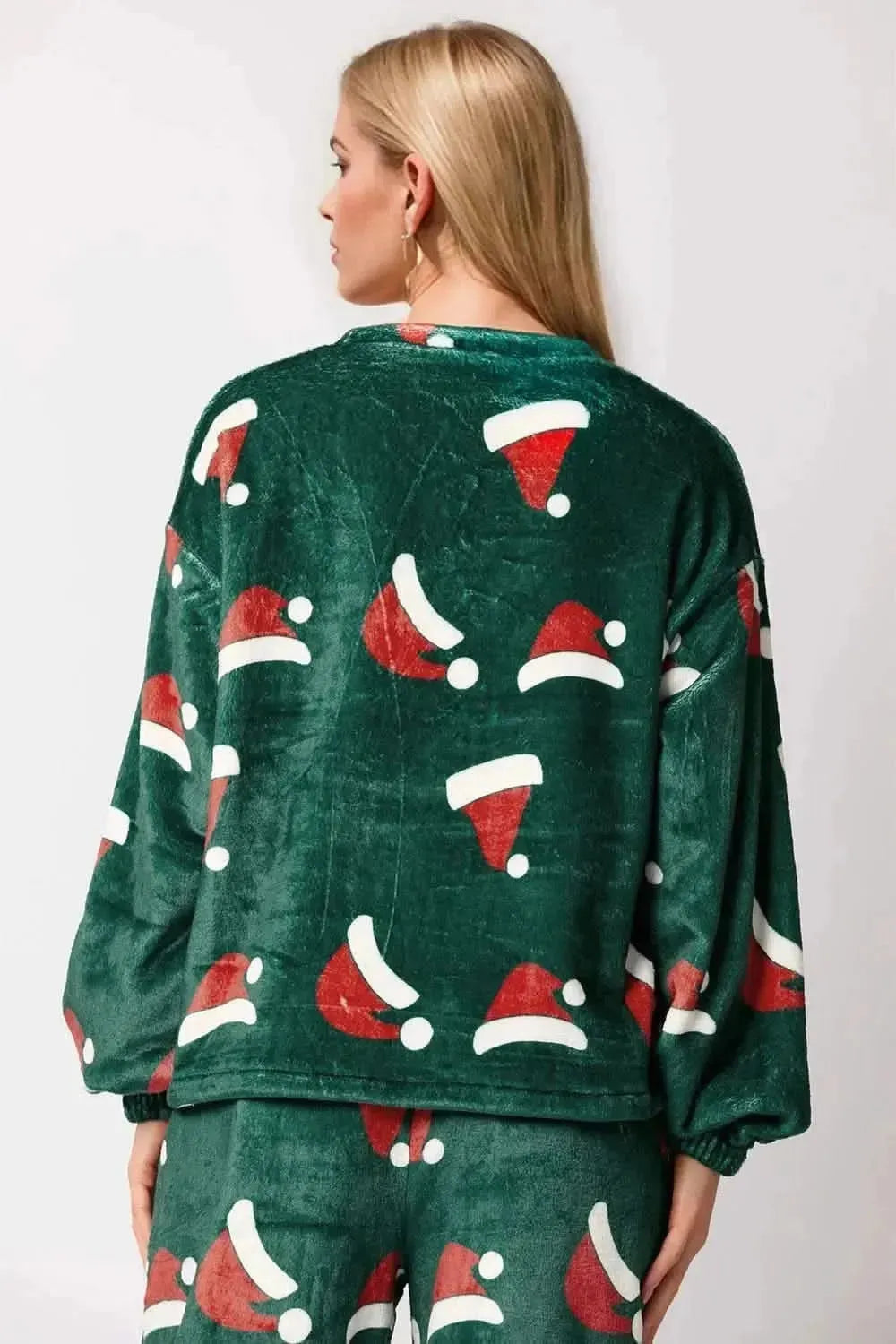 Christmas Hat Pattern Round Neck Long Sleeve Top and Pants Set - Bad Moms Club