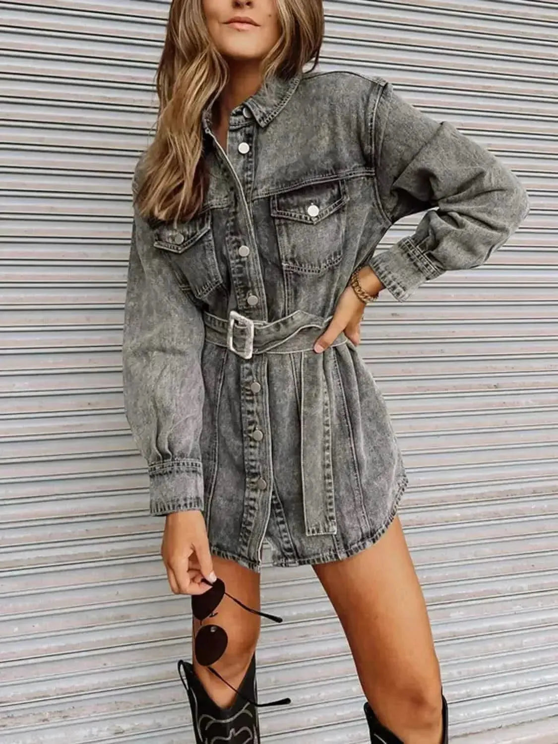 Long Sleeve Collared Denim Dress - Bad Moms Club