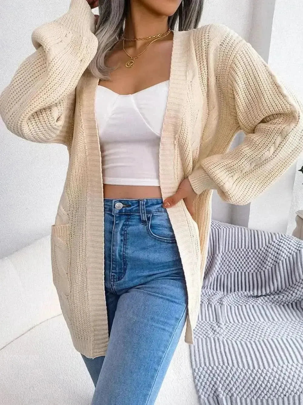 Cable-Knit Open Front Pocketed Cardigan - Bad Moms Club