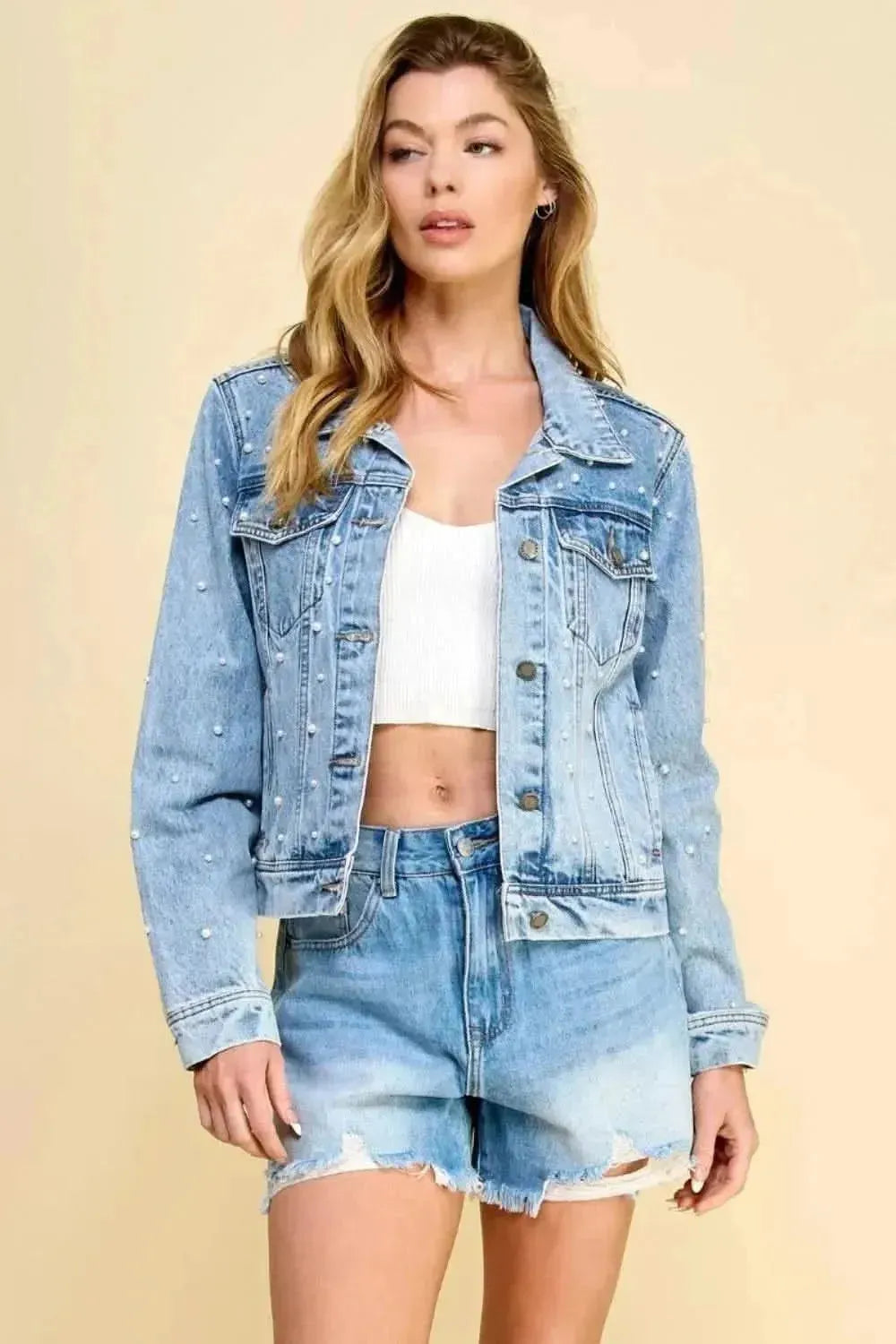 Veveret Button Up Pearl Detail Long Sleeve Denim Jacket - Bad Moms Club
