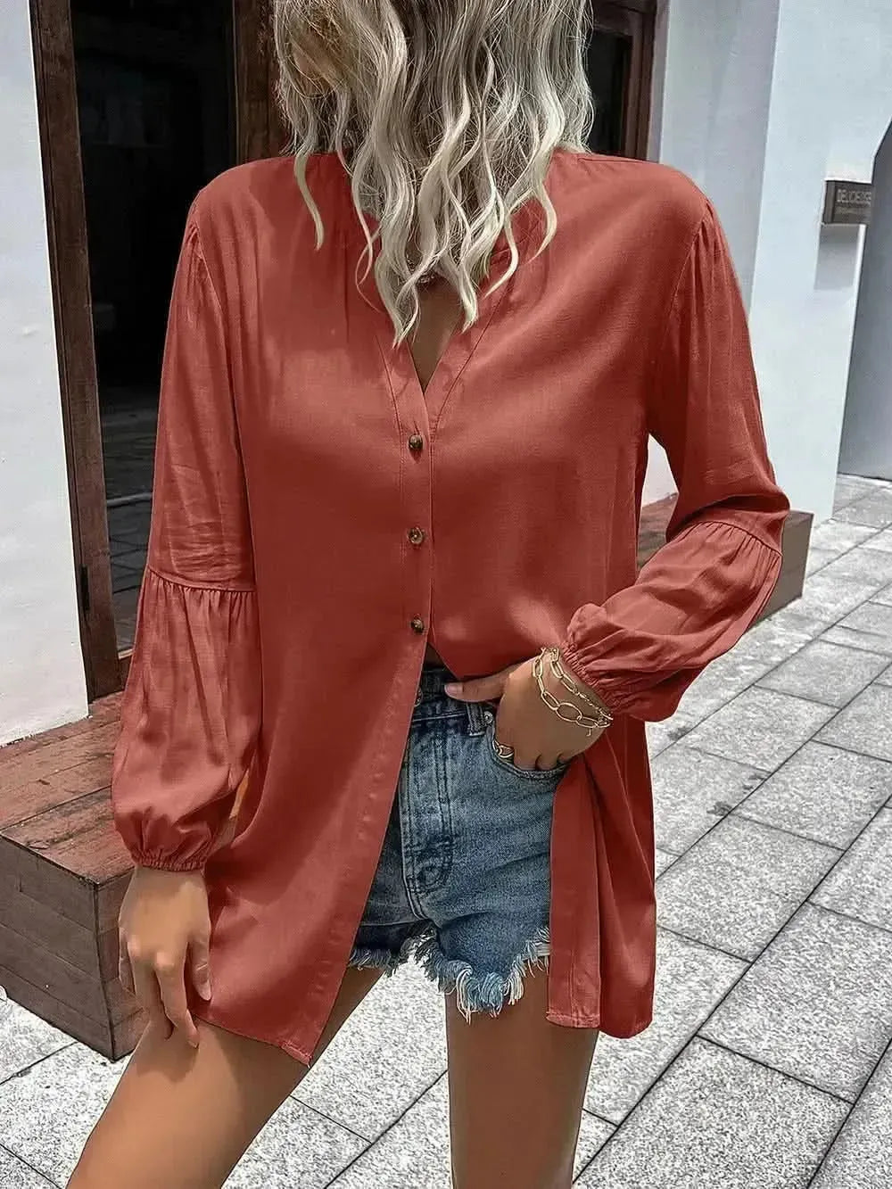 Ivy Lane Notched Neck Balloon Sleeve Shirt - Bad Moms Club