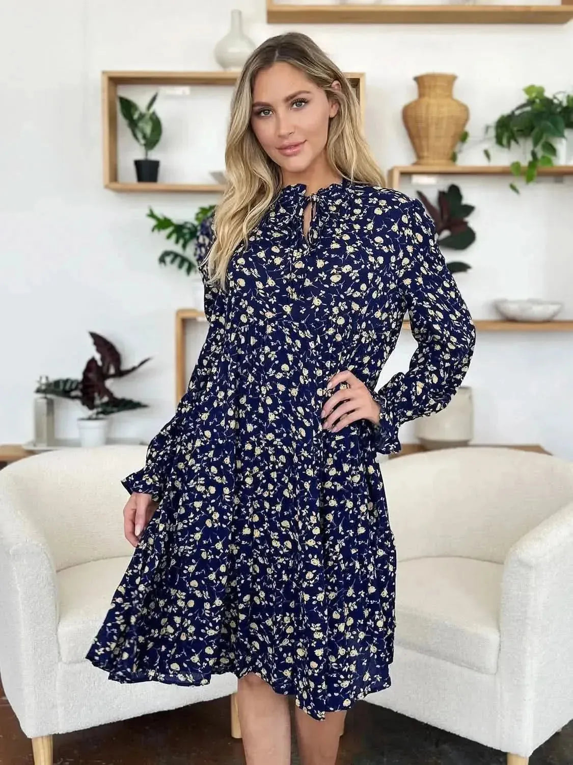 Double Take Full Size Printed Ruffle Hem Long Sleeve Tiered Dress - Bad Moms Club