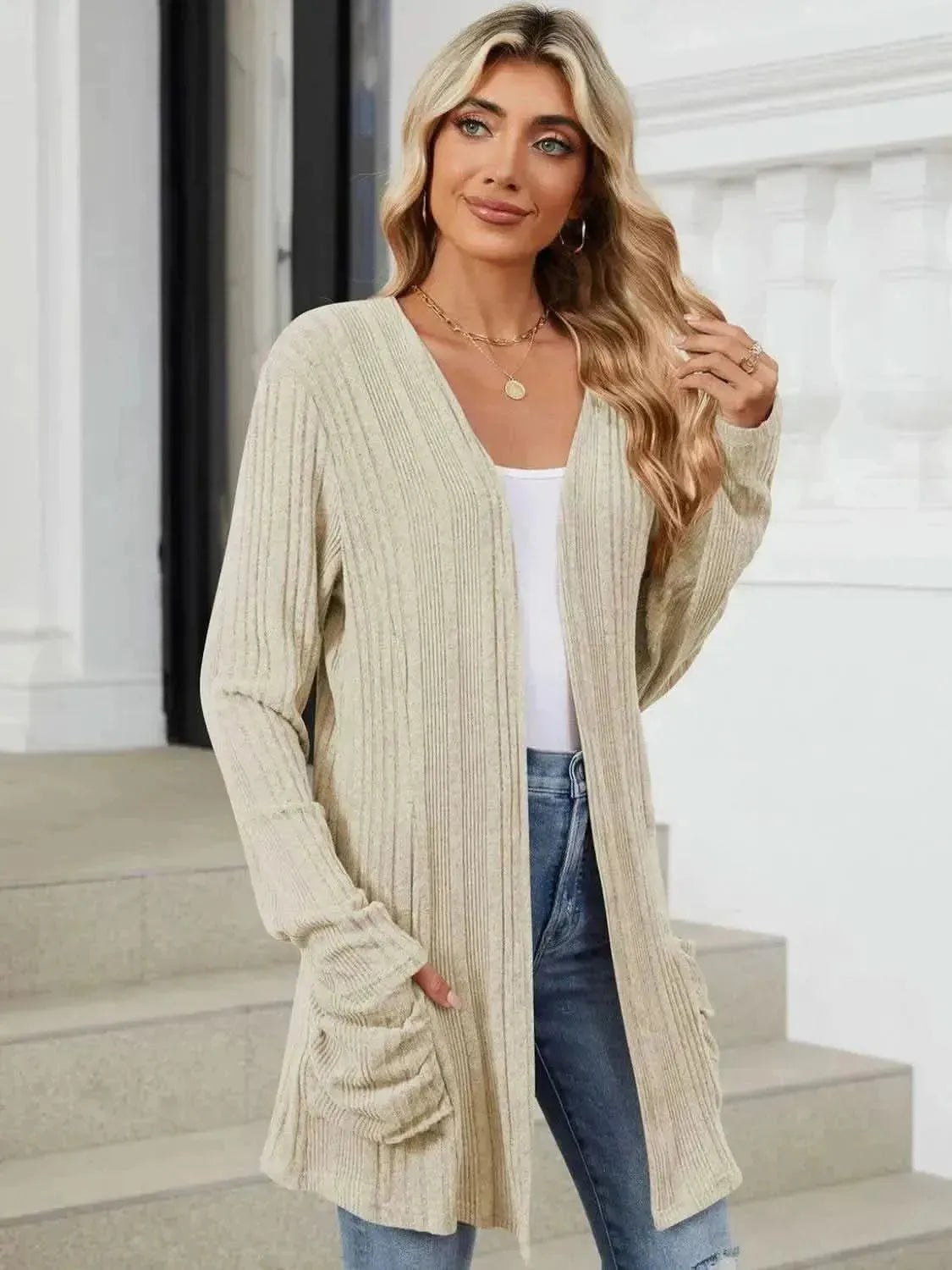 Pocketed Open Front Long Sleeve Cardigan - Bad Moms Club