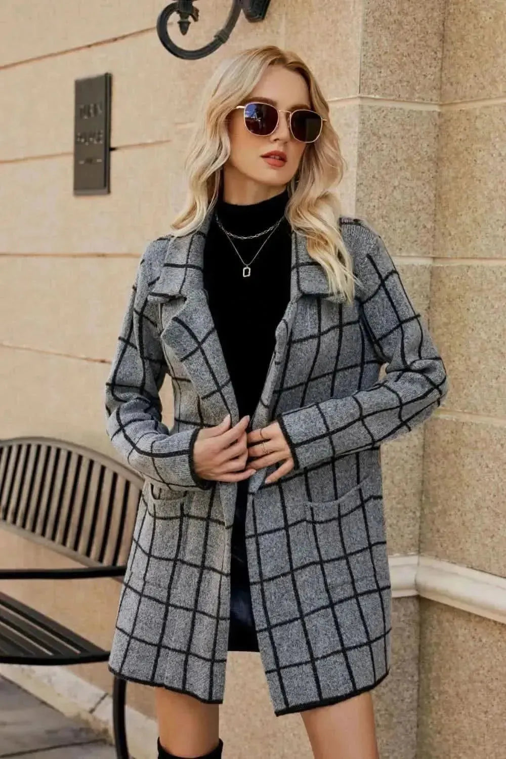 Printed Open Front Lapel Collar Cardigan with Pockets - Bad Moms Club