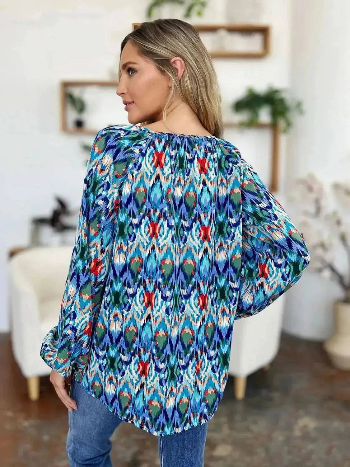 Double Take Full Size Printed Balloon Sleeve Blouse - Bad Moms Club