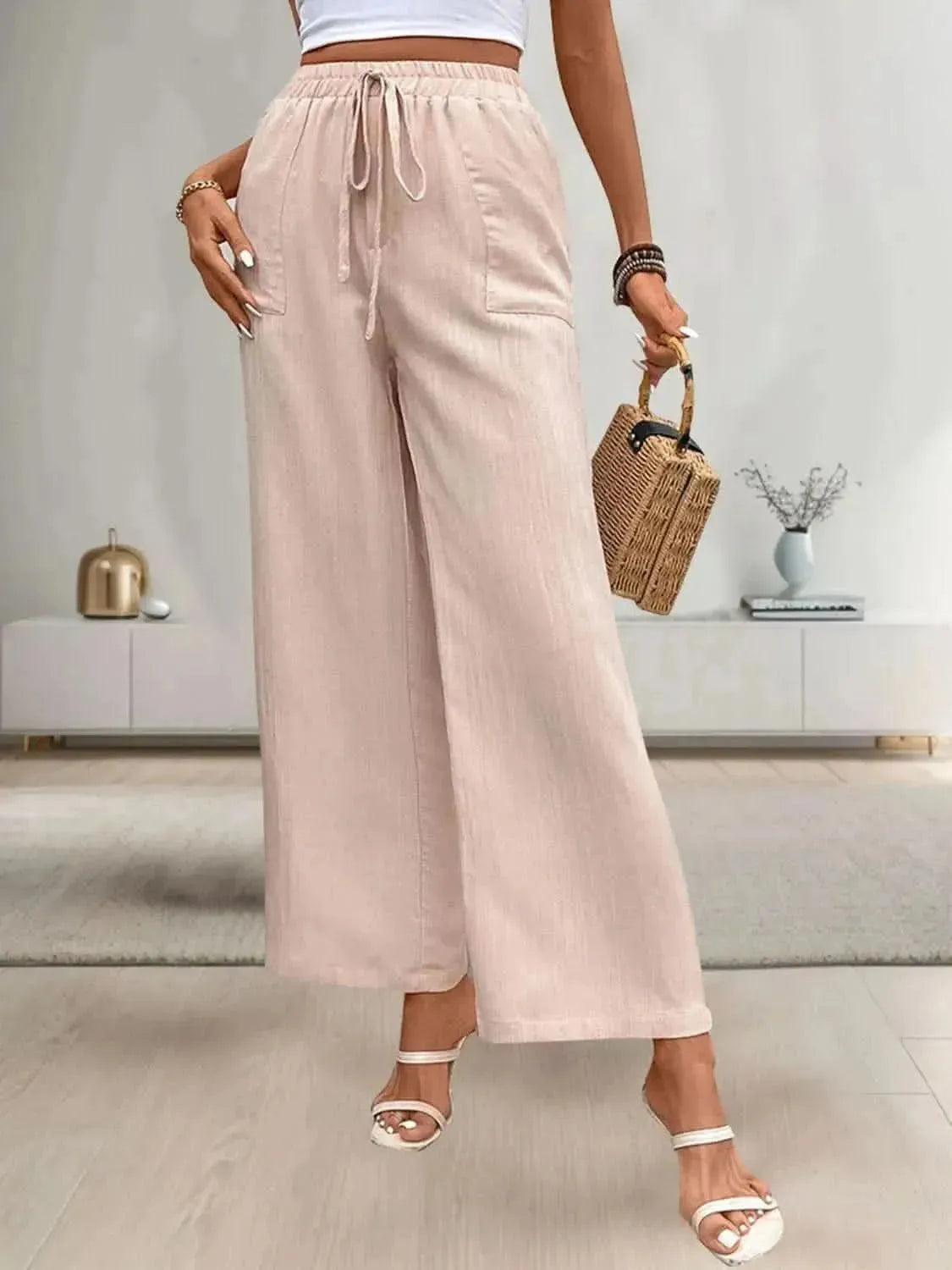 Perfee Tied Wide Leg Pants with Pockets - Bad Moms Club