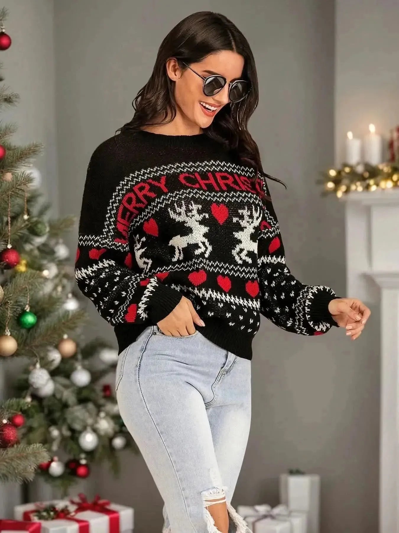 Perfee Christmas Element Round Neck Sweater - Bad Moms Club