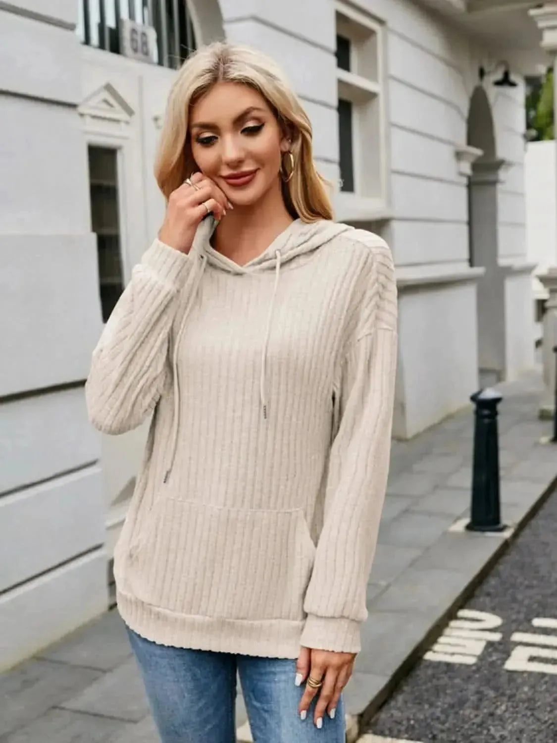 Ribbed Drawstring Long Sleeve Hoodie - Bad Moms Club