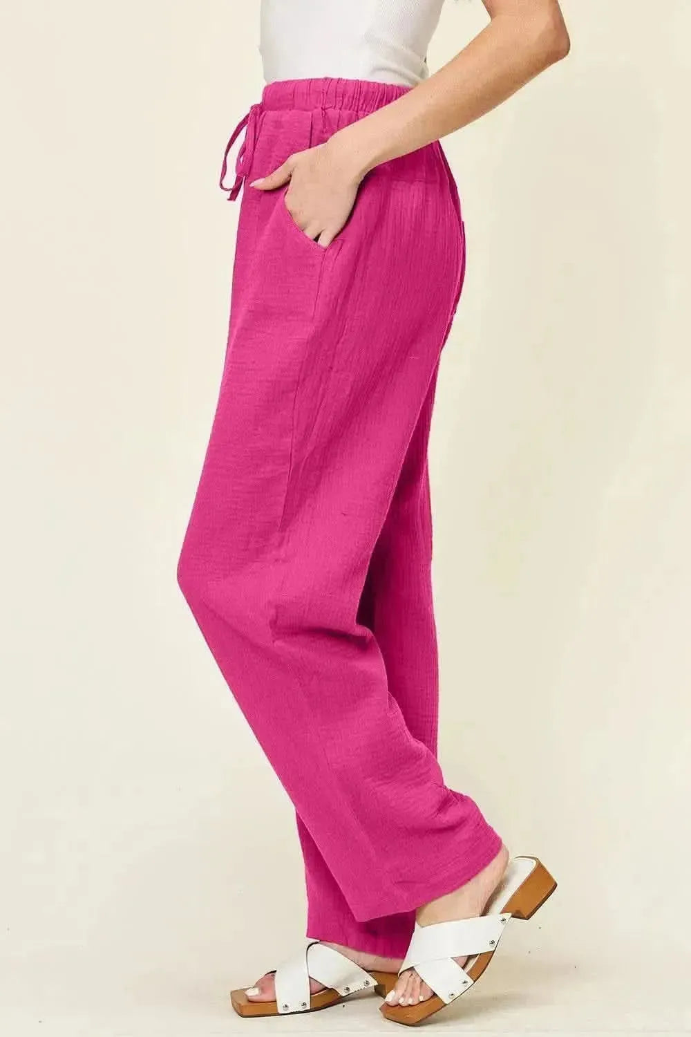 Double Take Full Size Texture Drawstring Straight Pants - Bad Moms Club