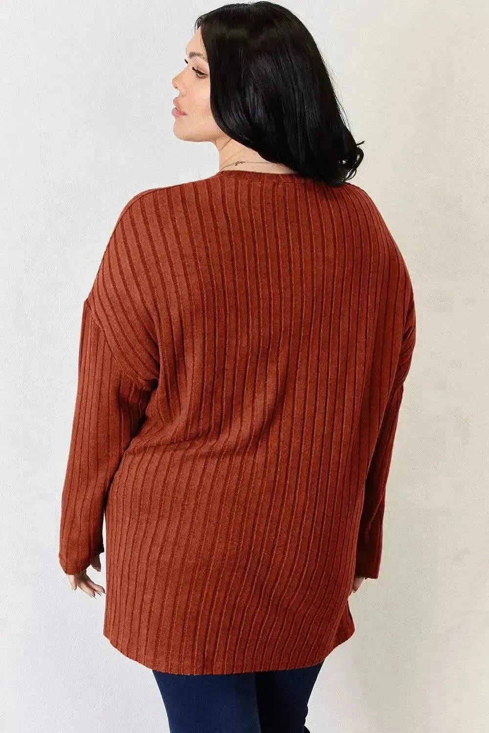 Basic Bae Full Size Ribbed Half Button Long Sleeve High-Low T-Shirt - Bad Moms Club