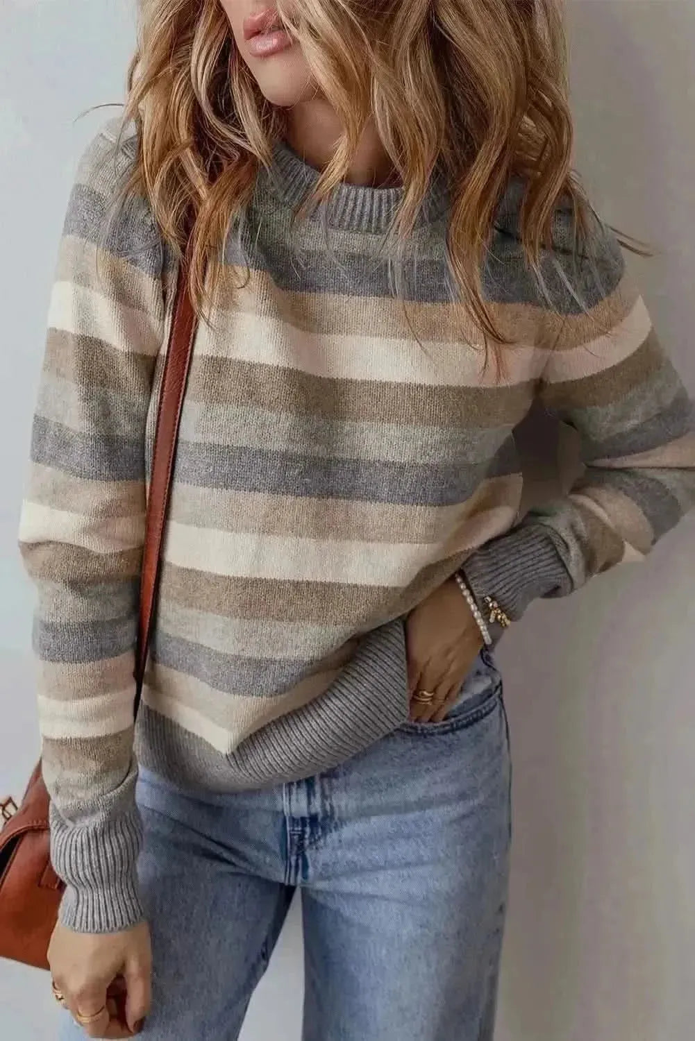 Striped Round Neck Long Sleeve Sweater - Bad Moms Club