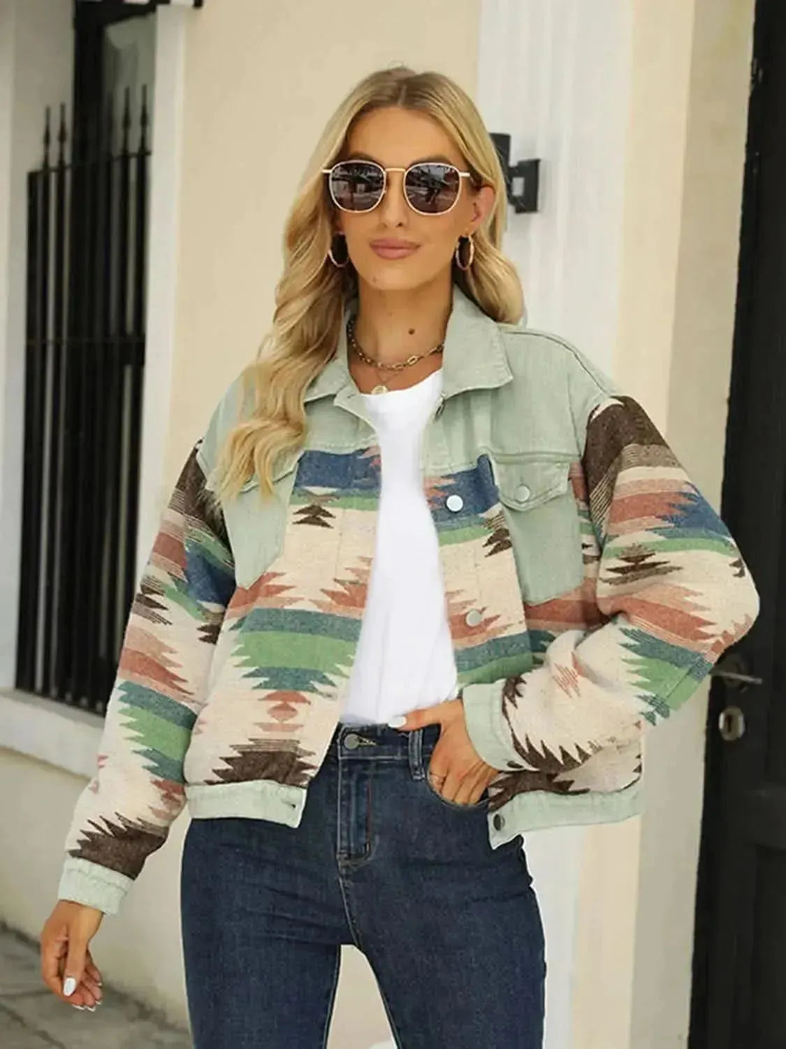 Printed Dropped Shoulder Long Sleeve Denim Jacket - Bad Moms Club