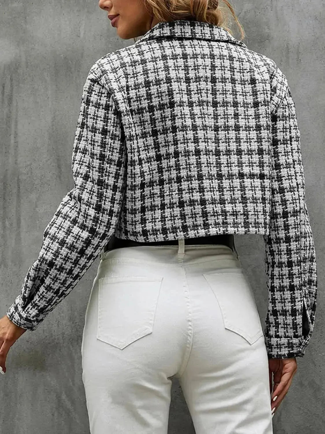 Plaid Button Up Collared Neck Long Sleeve Jacket - Bad Moms Club