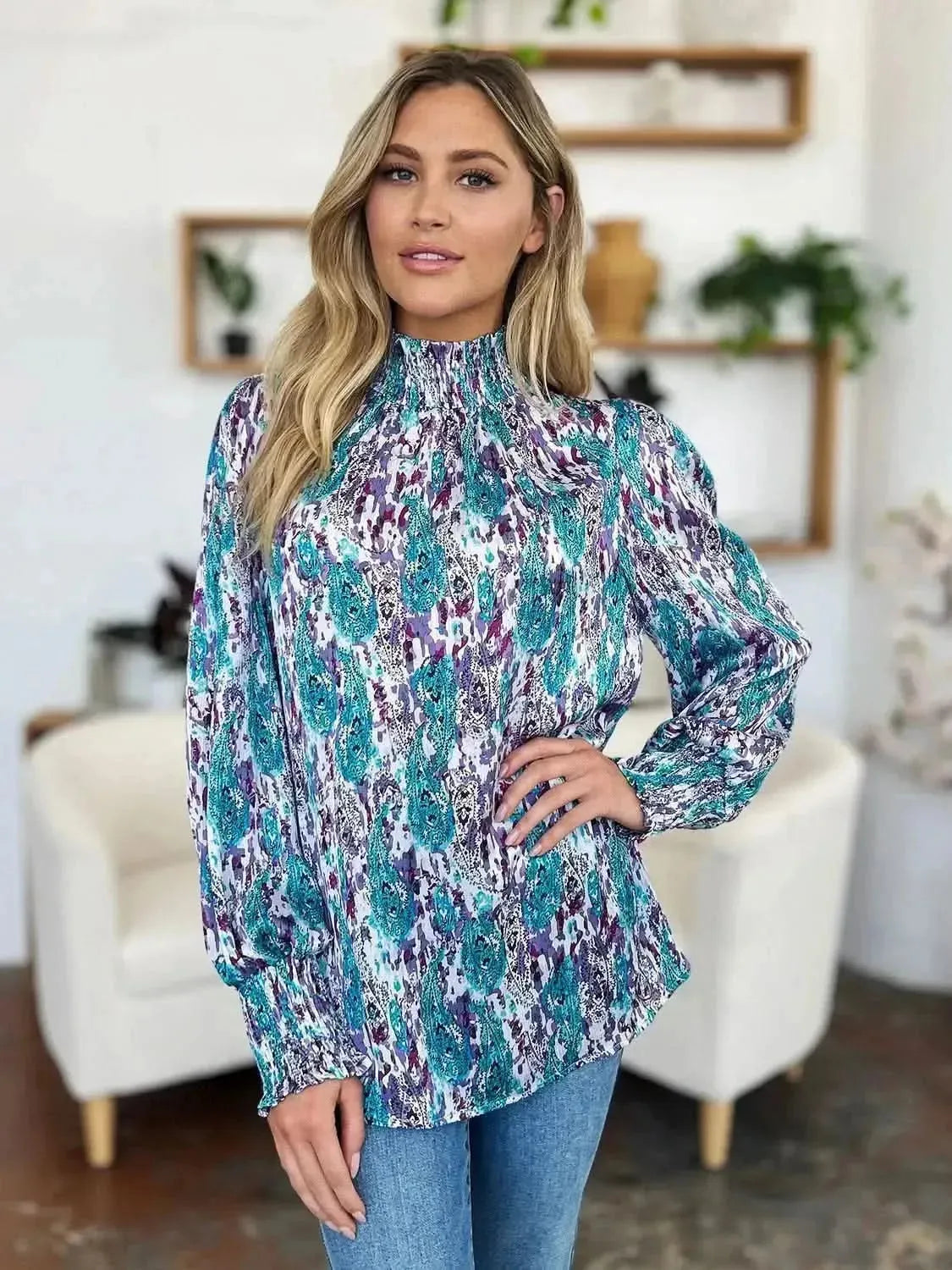 Double Take Full Size Printed Smocked Long Sleeve Blouse - Bad Moms Club