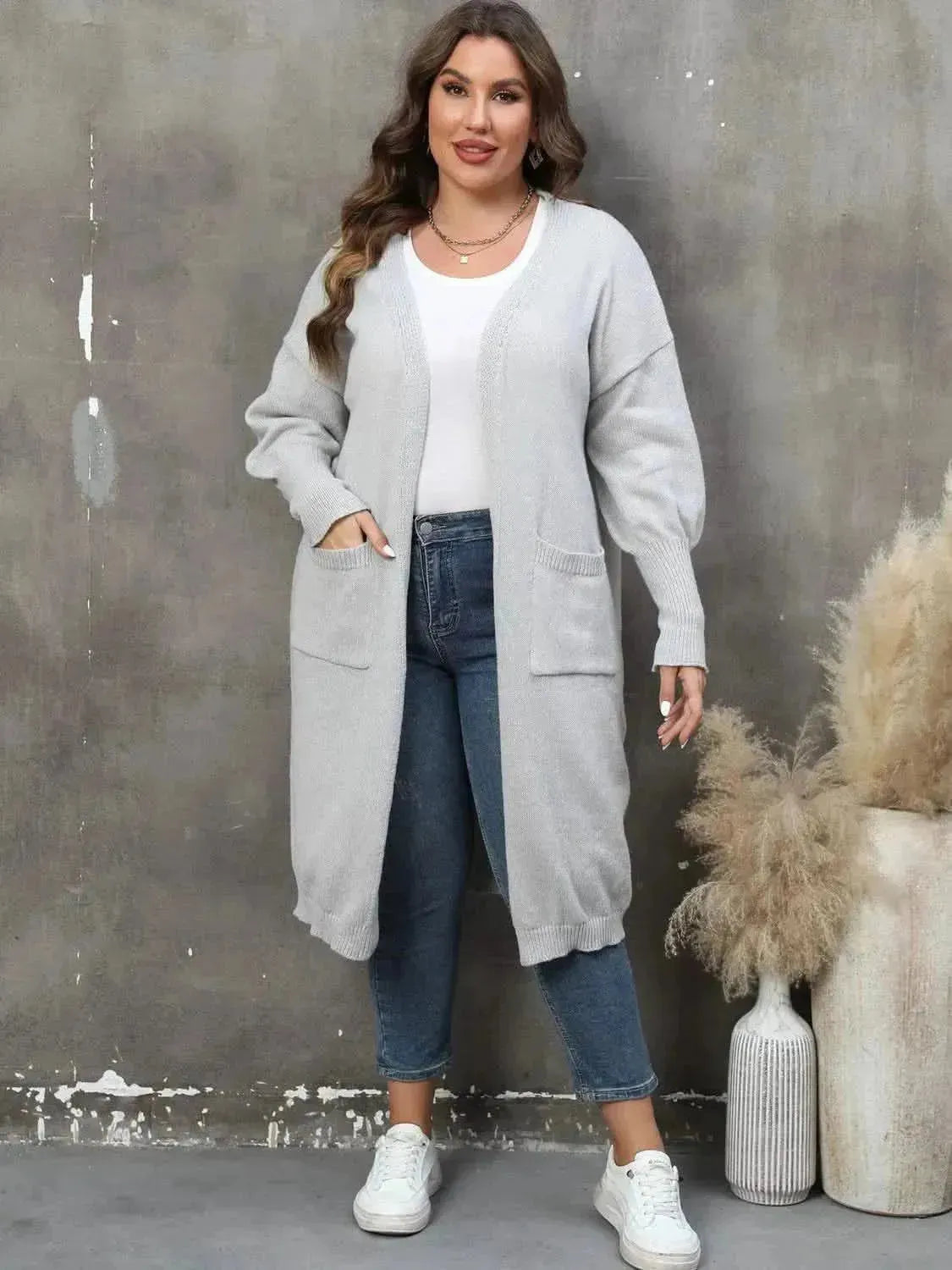 Plus Size Long Sleeve Pocketed Cardigan - Bad Moms Club
