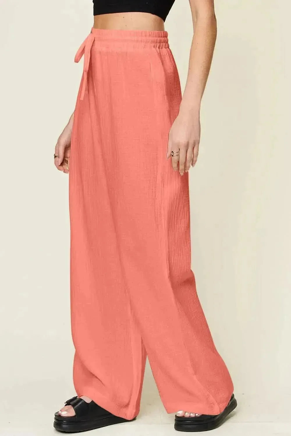 Double Take Full Size Texture Drawstring Wide Leg Pants - Bad Moms Club