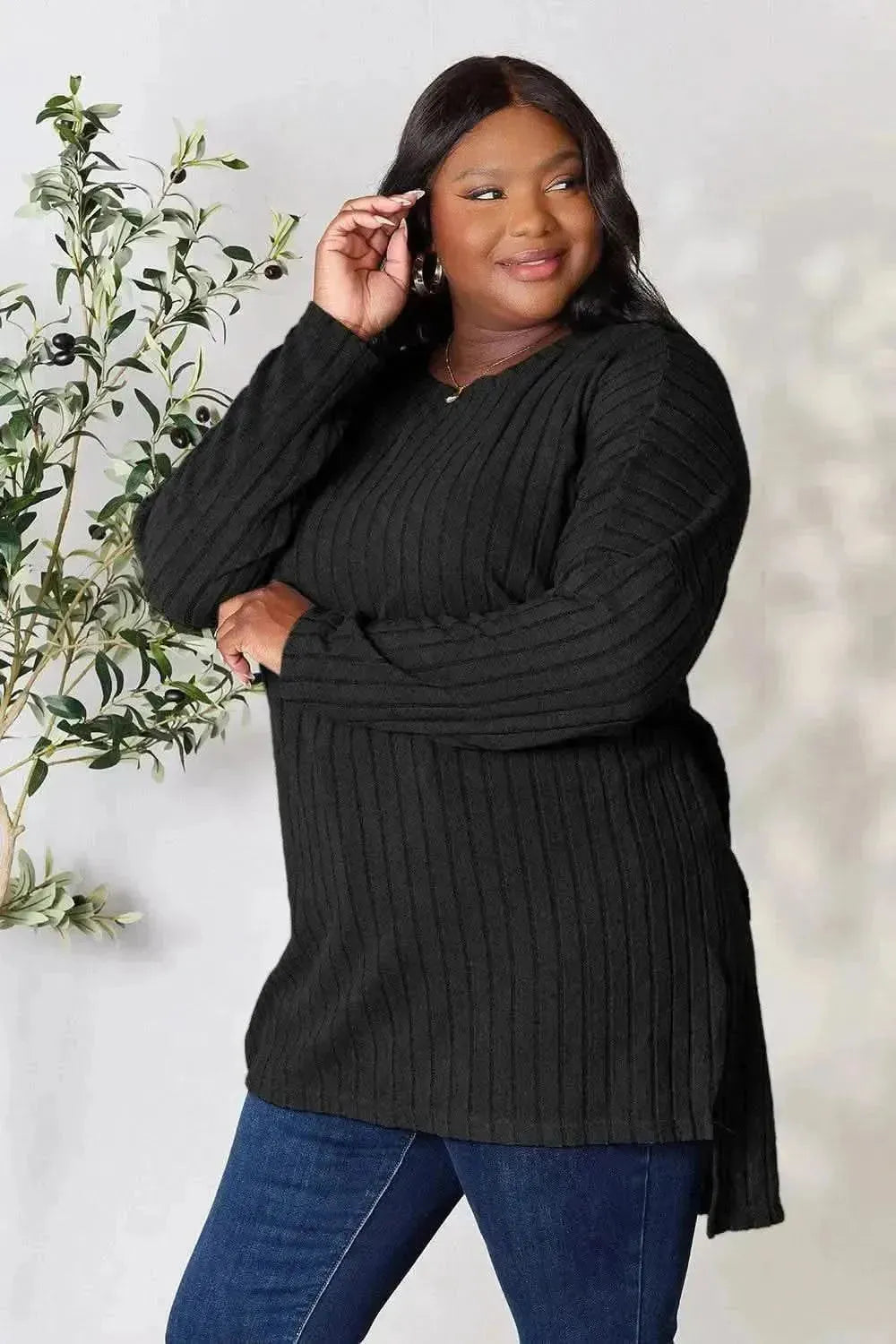 Basic Bae Full Size Ribbed Round Neck Long Sleeve Slit Top - Bad Moms Club