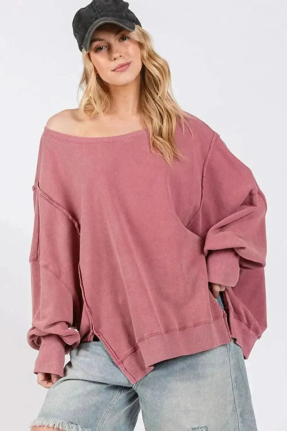 SAGE + FIG Mineral Wash Side Slit Oversized Sweatshirt - Bad Moms Club