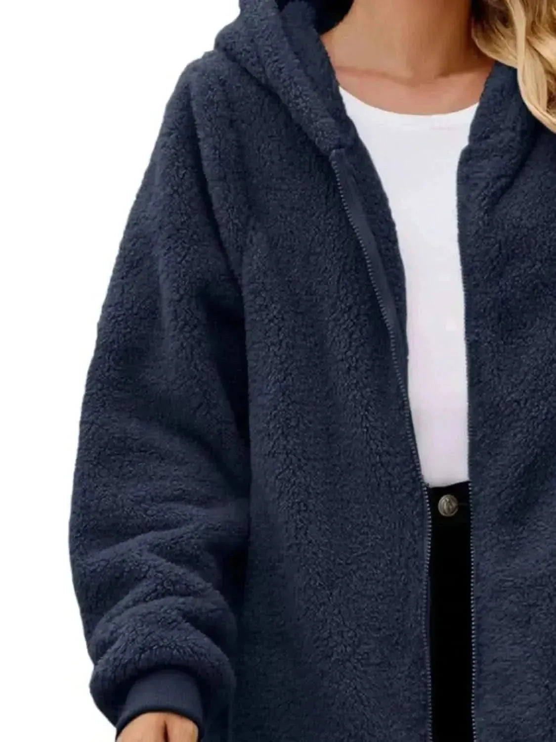 Fuzzy Pocketed Zip Up Long Sleeve Hooded Jacket - Bad Moms Club