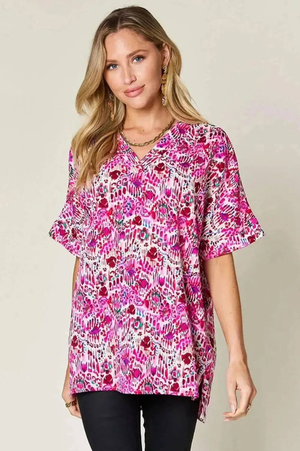 Double Take Full Size Printed V-Neck Short Sleeve Blouse - Bad Moms Club