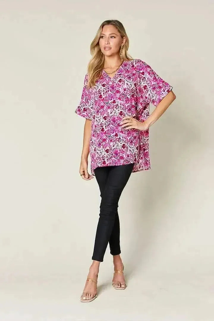 Double Take Full Size Printed V-Neck Short Sleeve Blouse - Bad Moms Club