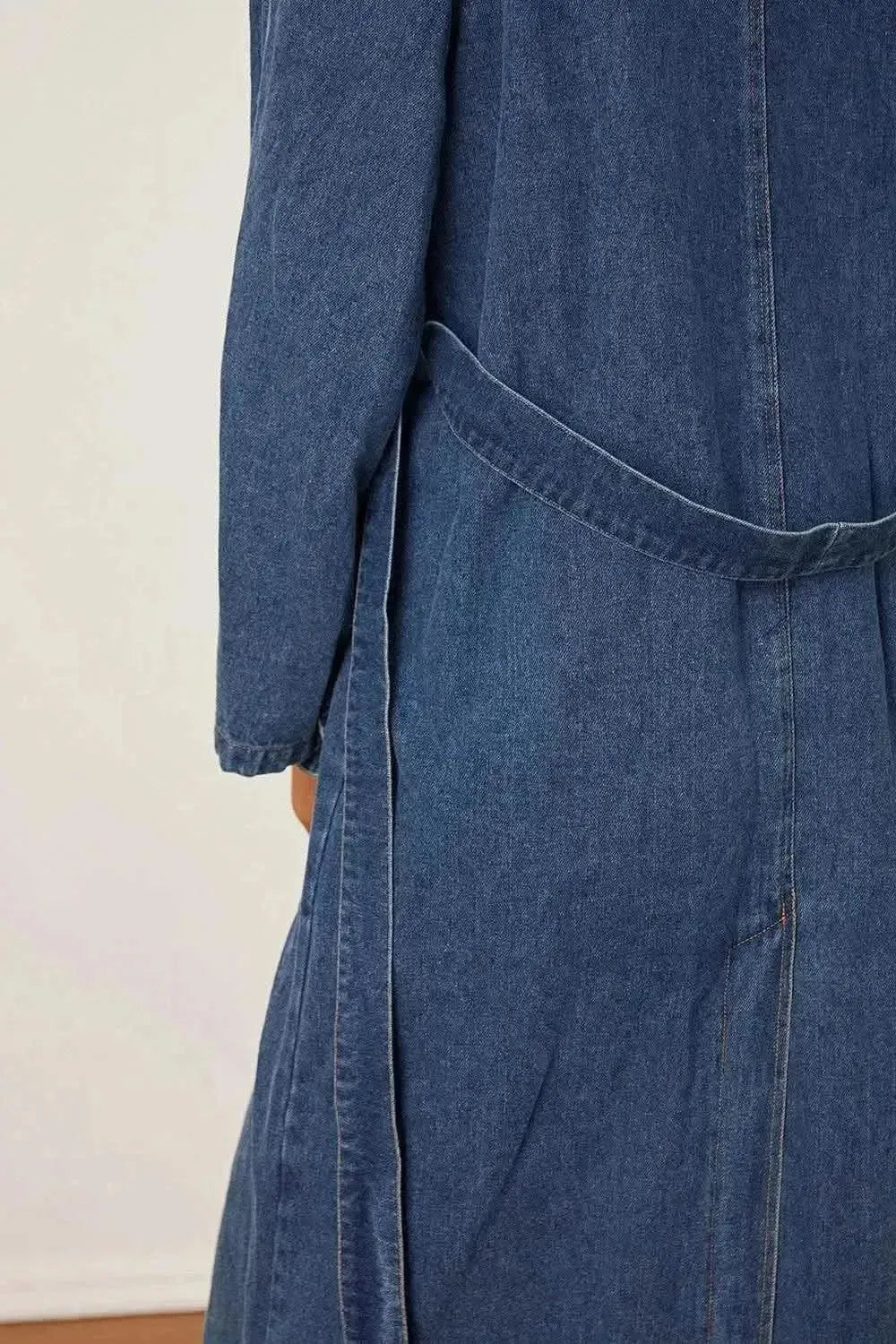 MeiMei Double-Breasted Belted Longline Denim Jacket - Bad Moms Club