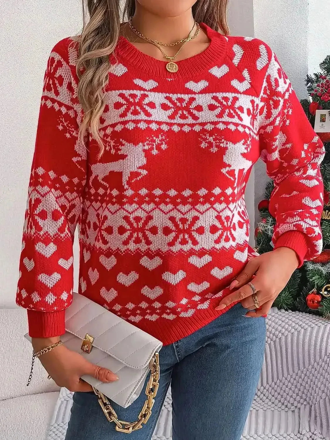 Christmas Element Round Neck Long Sleeve Sweater - Bad Moms Club