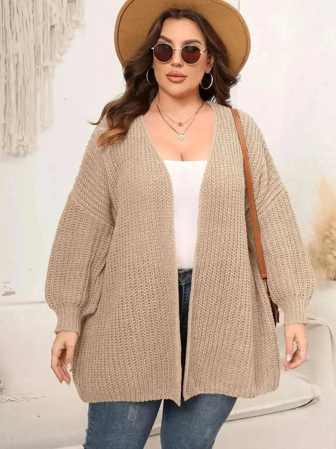 Plus Size Open Front Dropped Shoulder Knit Cardigan - Bad Moms Club