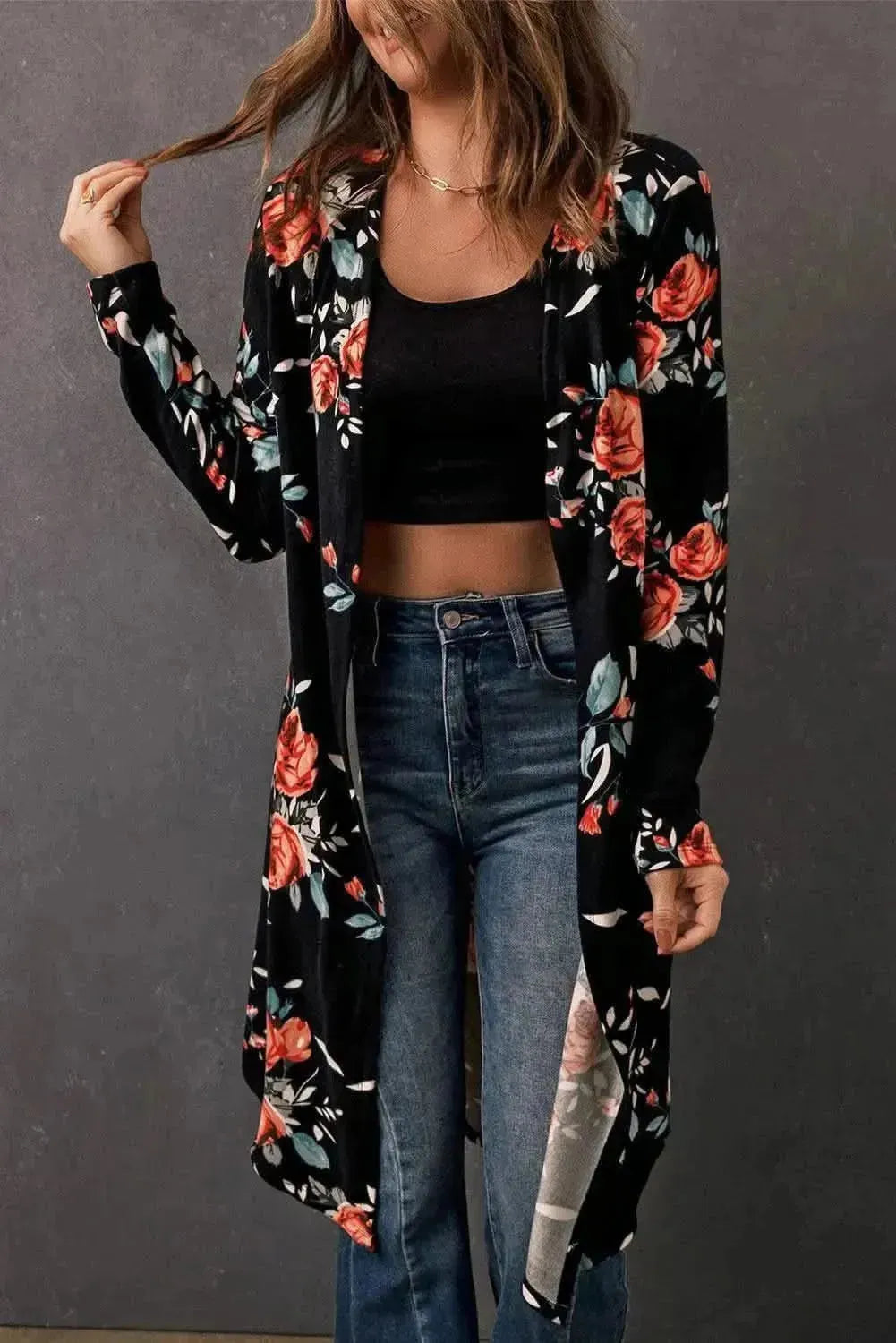 Double Take Printed Open Front Longline Cardigan - Bad Moms Club