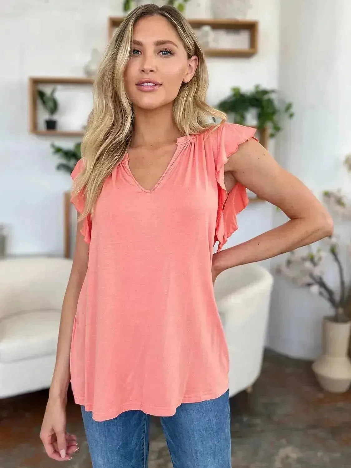 Basic Bae Full Size Bamboo Notched Ruffled Short Sleeve T-Shirt - Bad Moms Club
