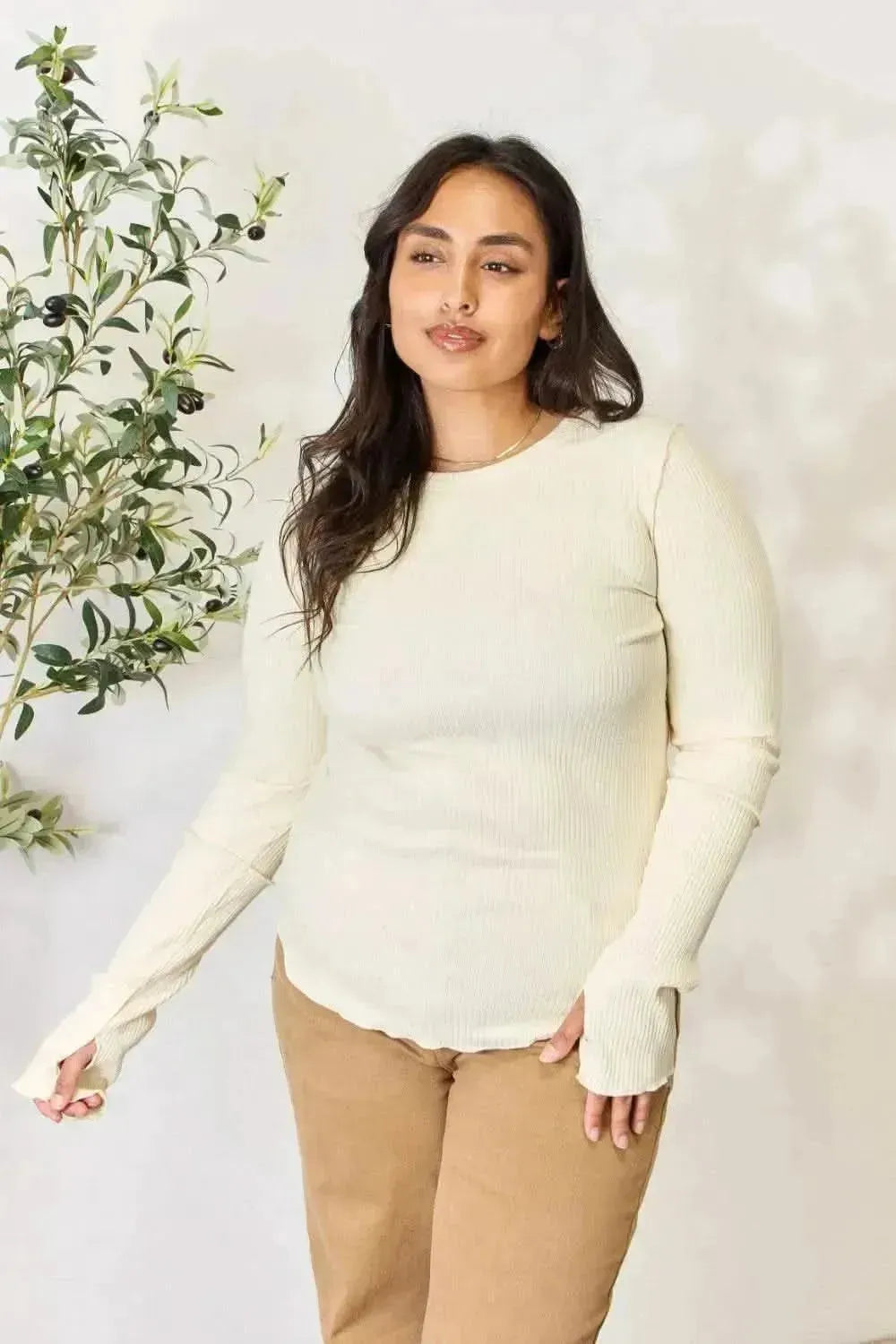Culture Code Full Size Ribbed Round Neck Long Sleeve Top - Bad Moms Club
