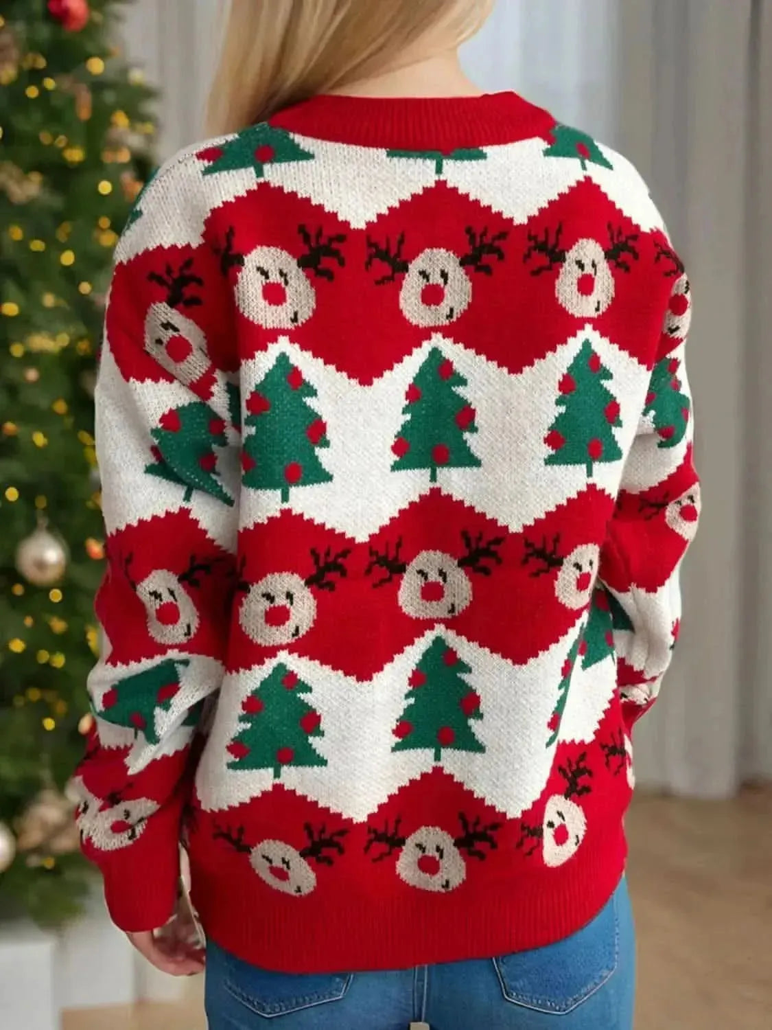Christmas Element Round Neck Long Sleeve Sweater - Bad Moms Club