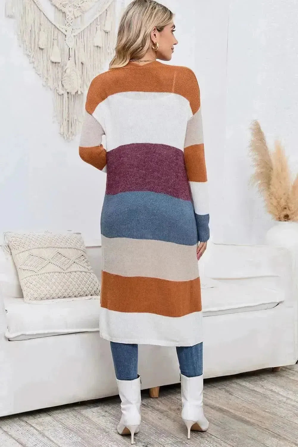 Long Color Block Open Front Pocketed Cardigan - Bad Moms Club