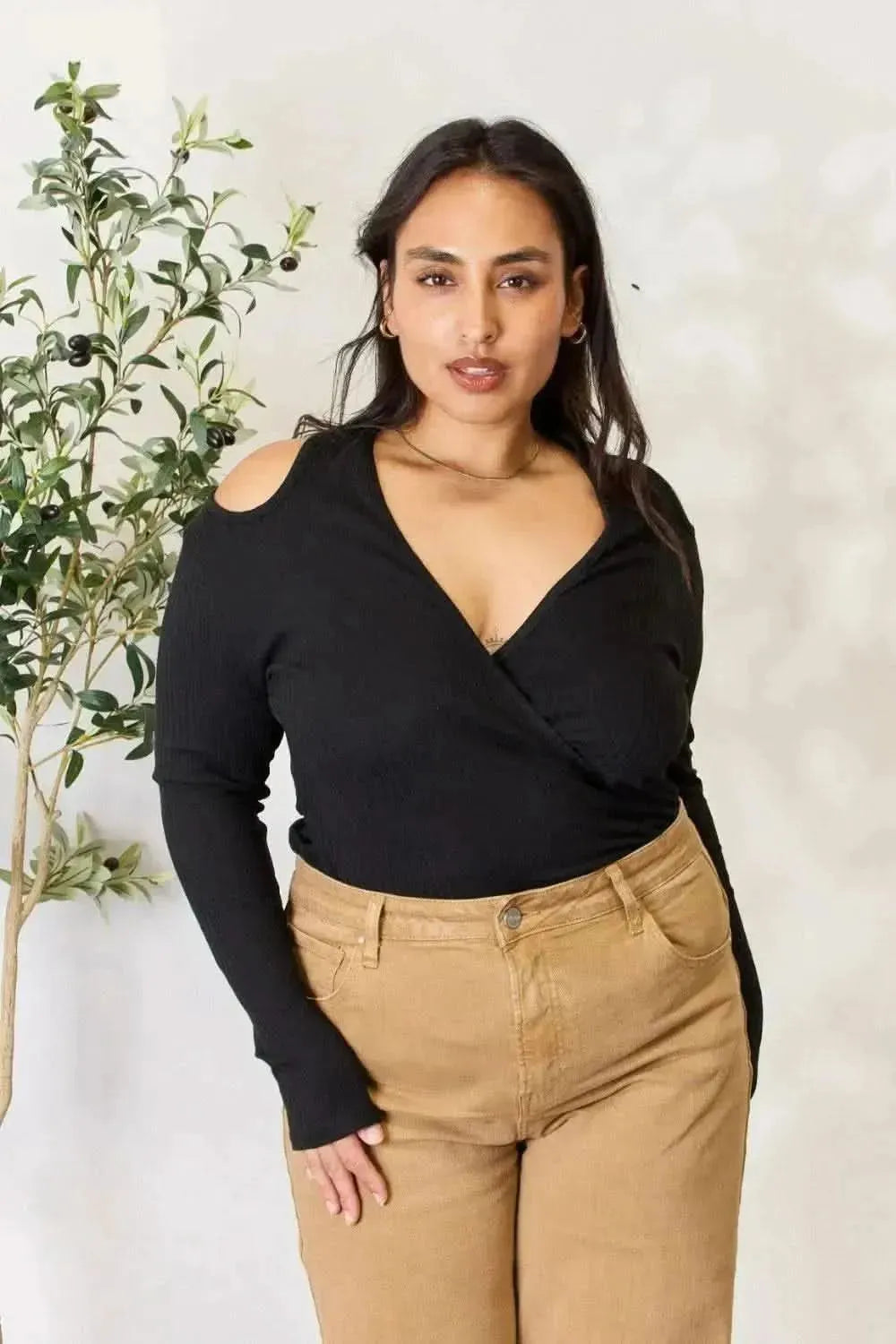 Culture Code Full Size Ribbed Surplice Cold Shoulder Top - Bad Moms Club