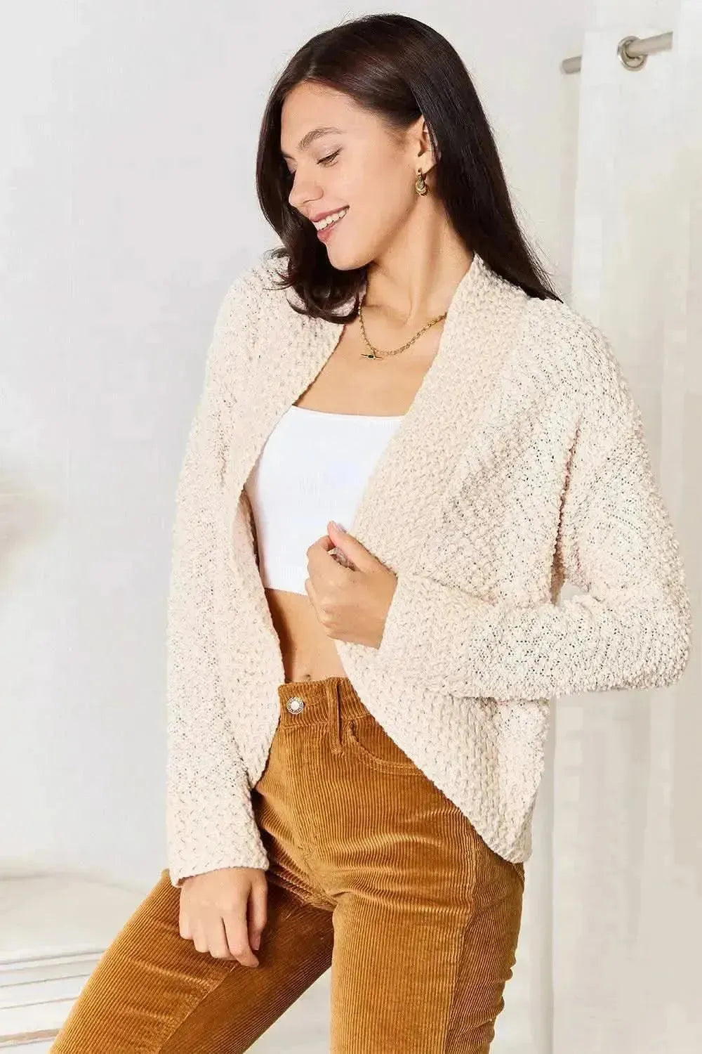 Double Take Open Front Long Sleeve Cardigan - Bad Moms Club