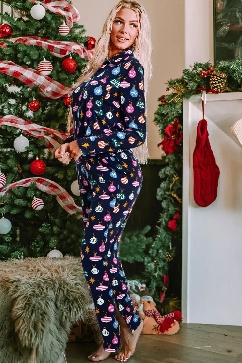 Christmas Lights Print Collared Neck Top and Pants Set - Bad Moms Club