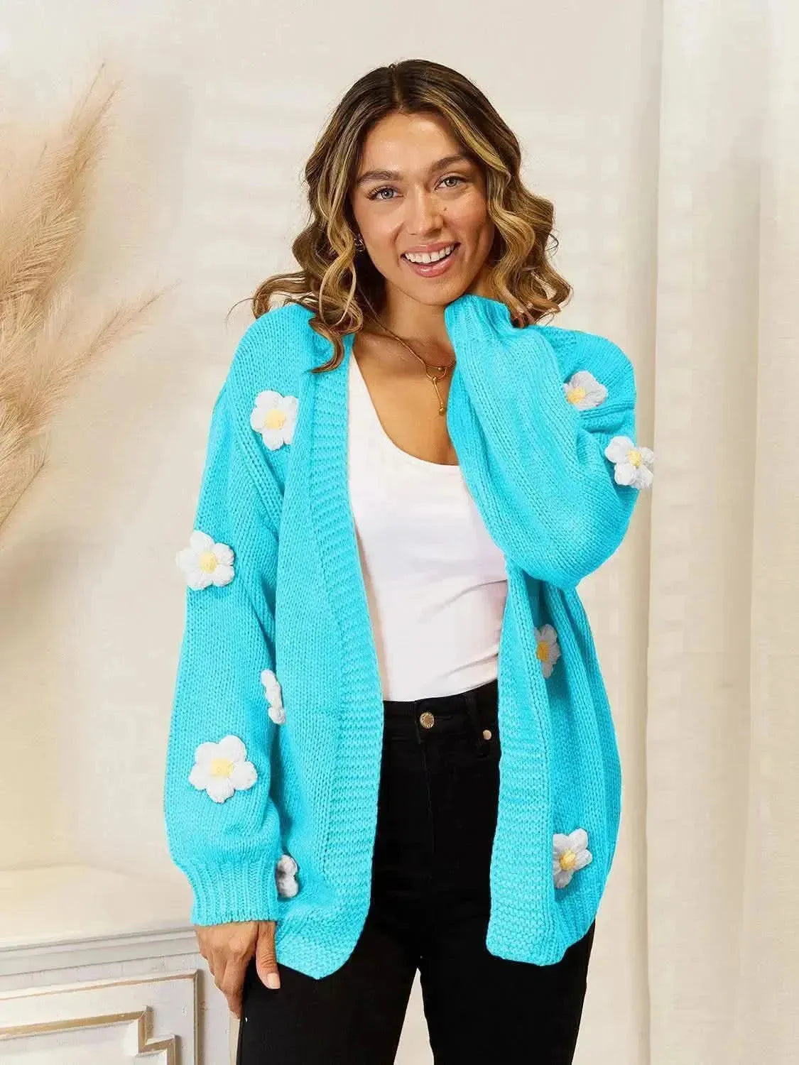 Flower Dropped Shoulder Open Front Cardigan - Bad Moms Club