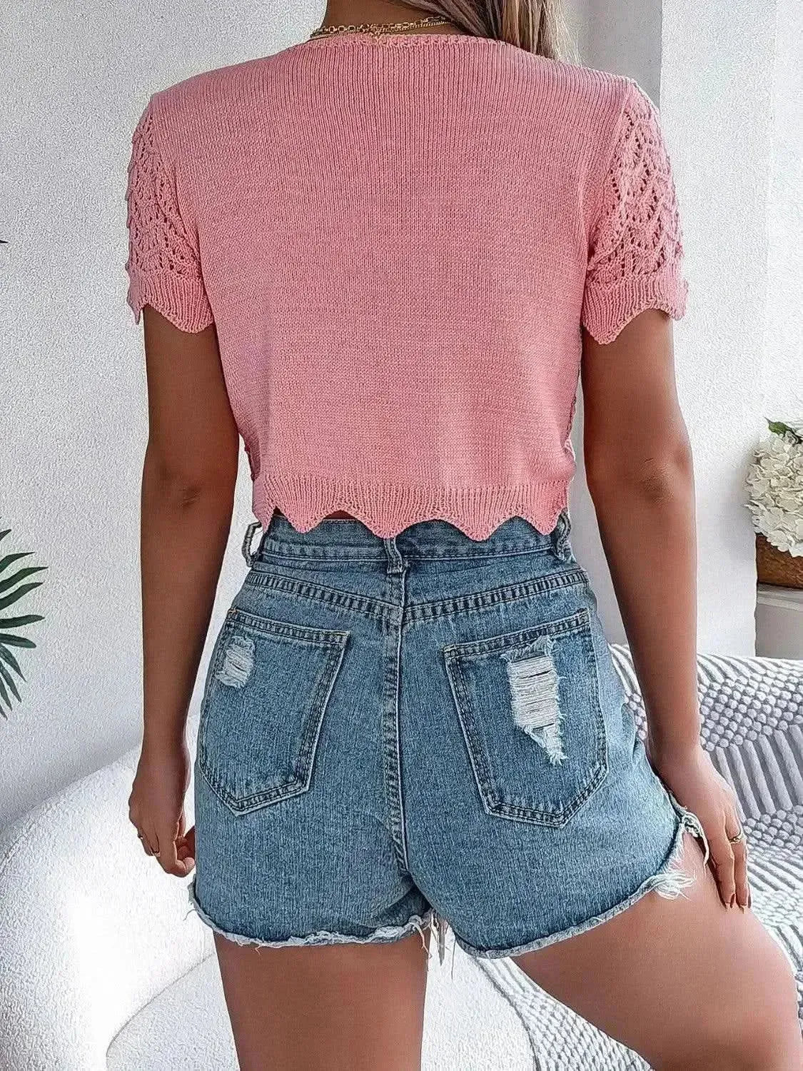 Tied Openwork Short Sleeve Cardigan - Bad Moms Club