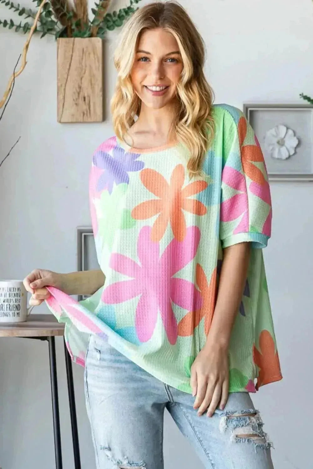 HOPELY Floral Round Neck Waffle T-Shirt - Bad Moms Club