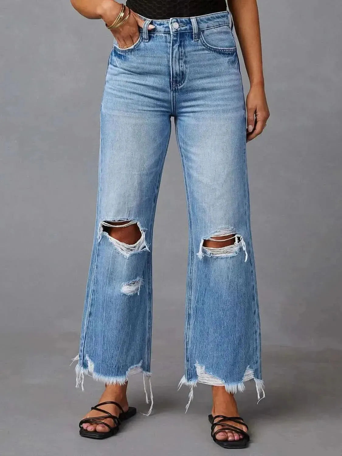 Distressed Raw Hem Jeans with Pockets - Bad Moms Club