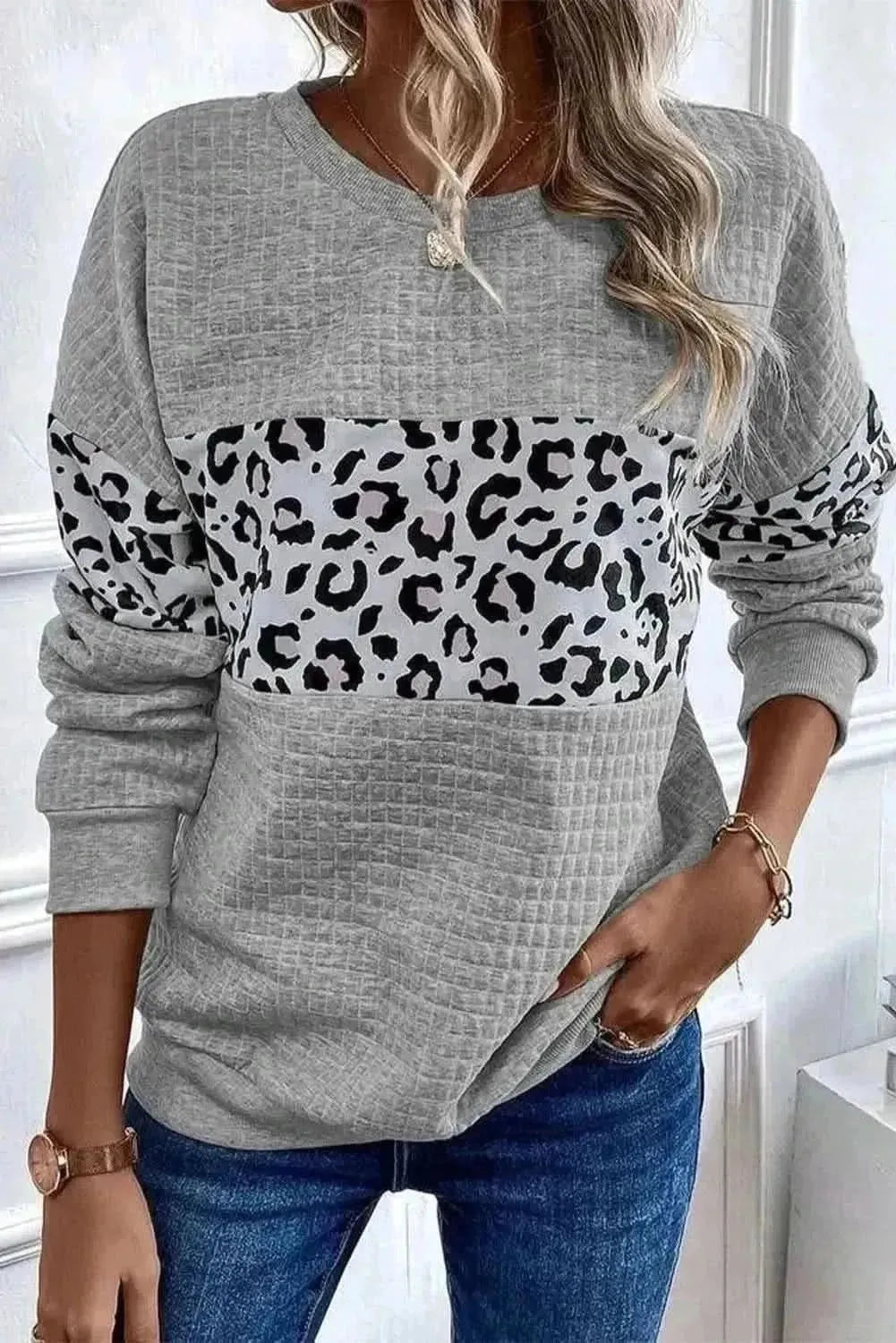 Leopard Round Neck Long Sleeve Sweatshirt - Bad Moms Club