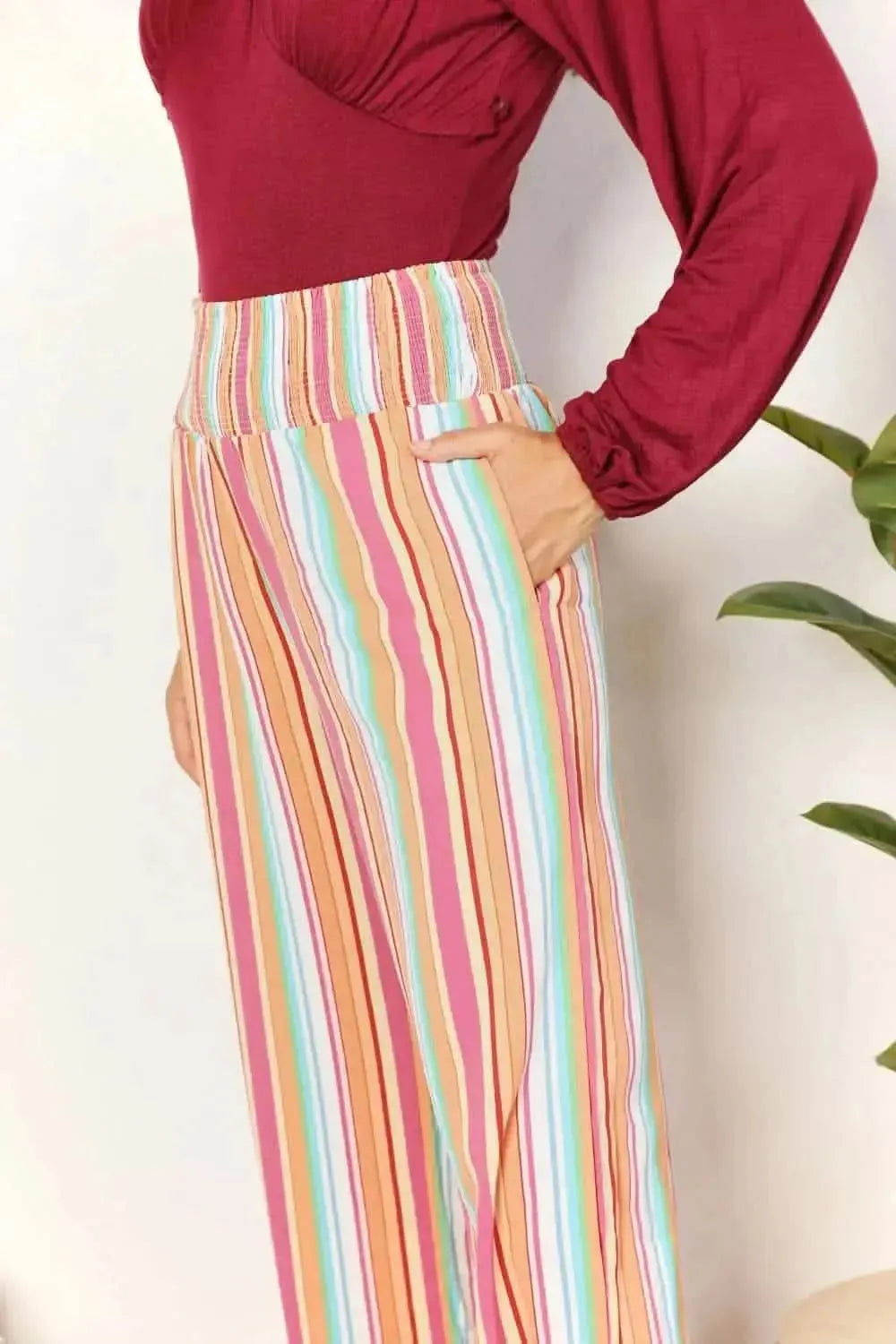 Double Take Striped Smocked Waist Pants with Pockets - Bad Moms Club