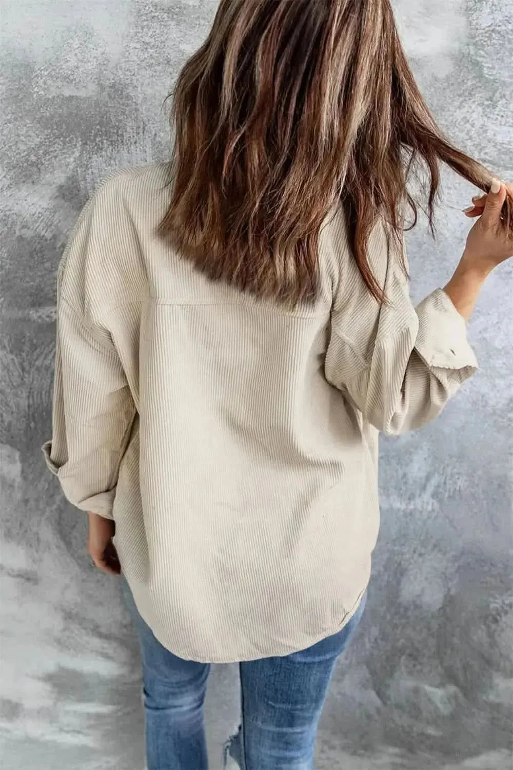 Collared Neck Button Up Dropped Shoulder Shacket - Bad Moms Club