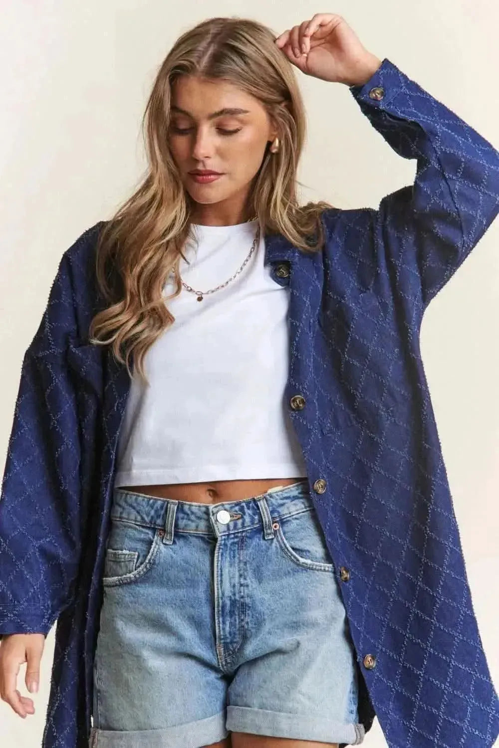 J.NNA Rhombus Stitched Button Up Denim Shacket - Bad Moms Club