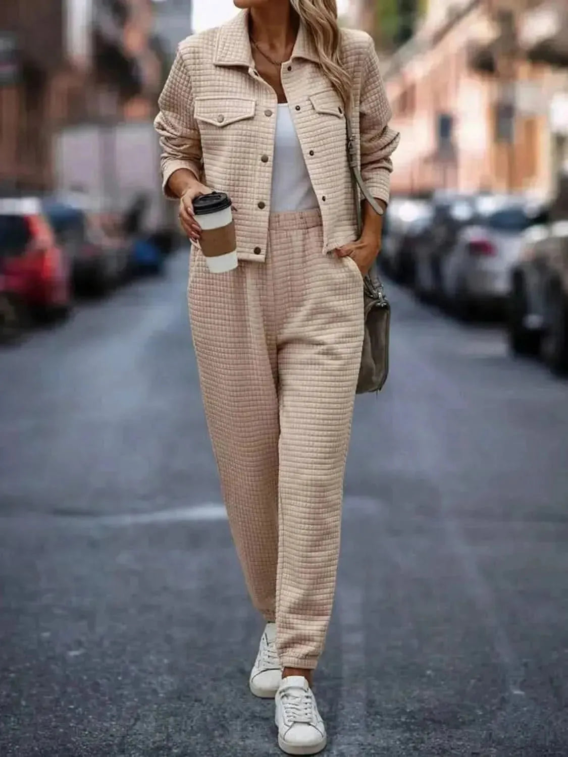 Plaid Texture Snap Down Top and Pants Set - Bad Moms Club