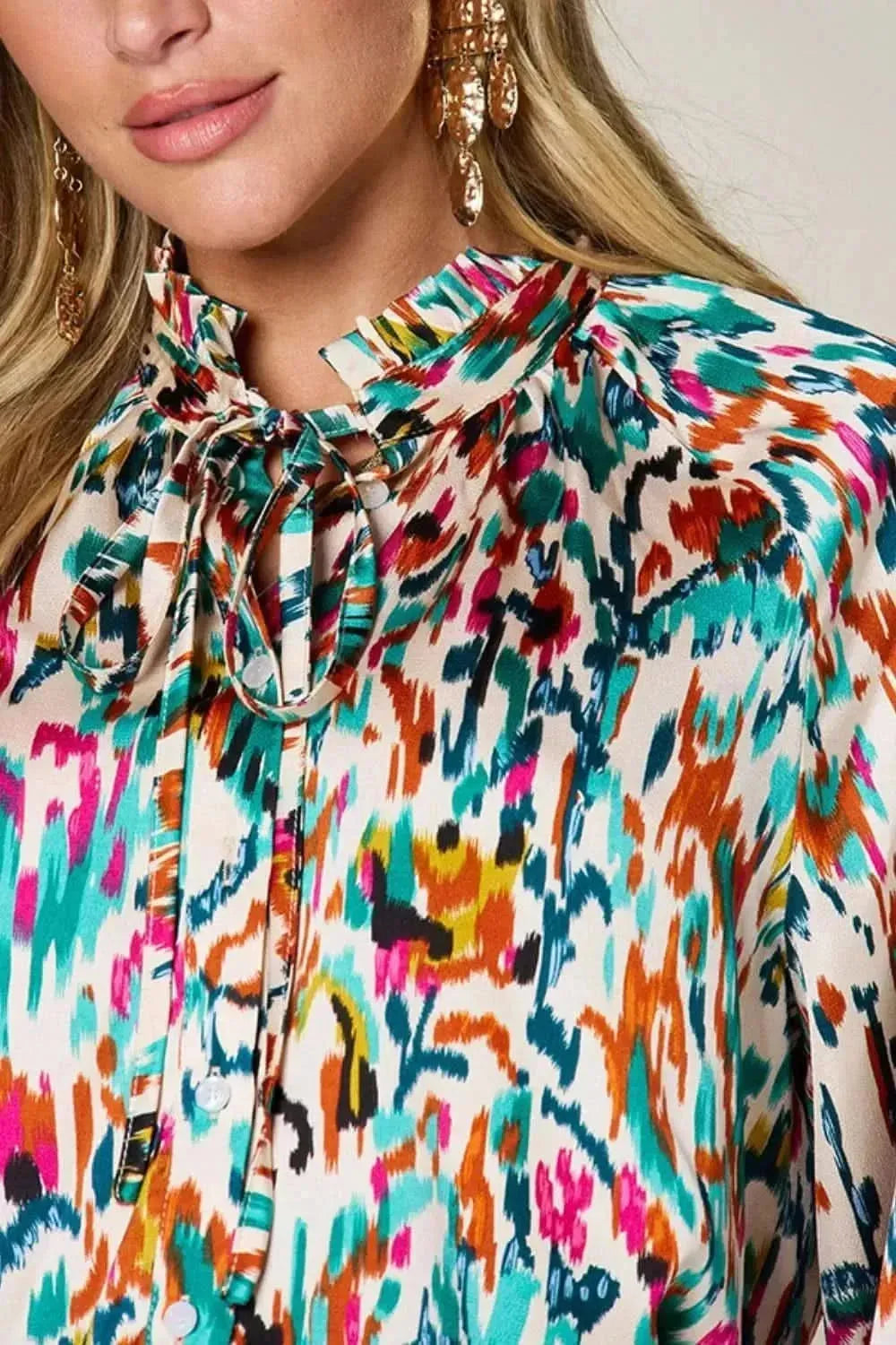 Double Take Full Size Printed Button Up Long Sleeve Shirt - Bad Moms Club