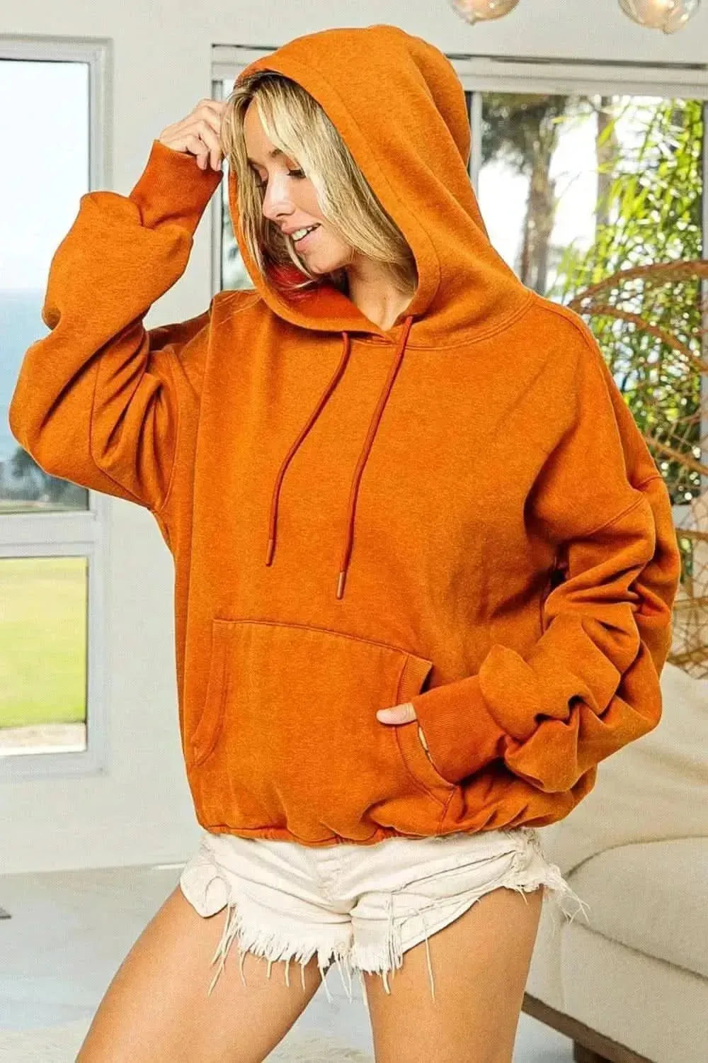 BiBi Ruched Long Sleeve Washed Fleece Hoodie - Bad Moms Club
