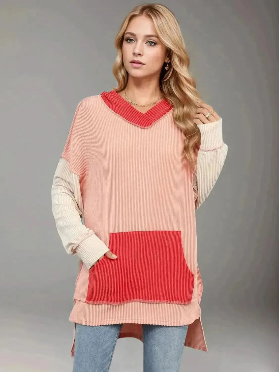 Double Take Contrast Hooded Long Sleeve Top - Bad Moms Club