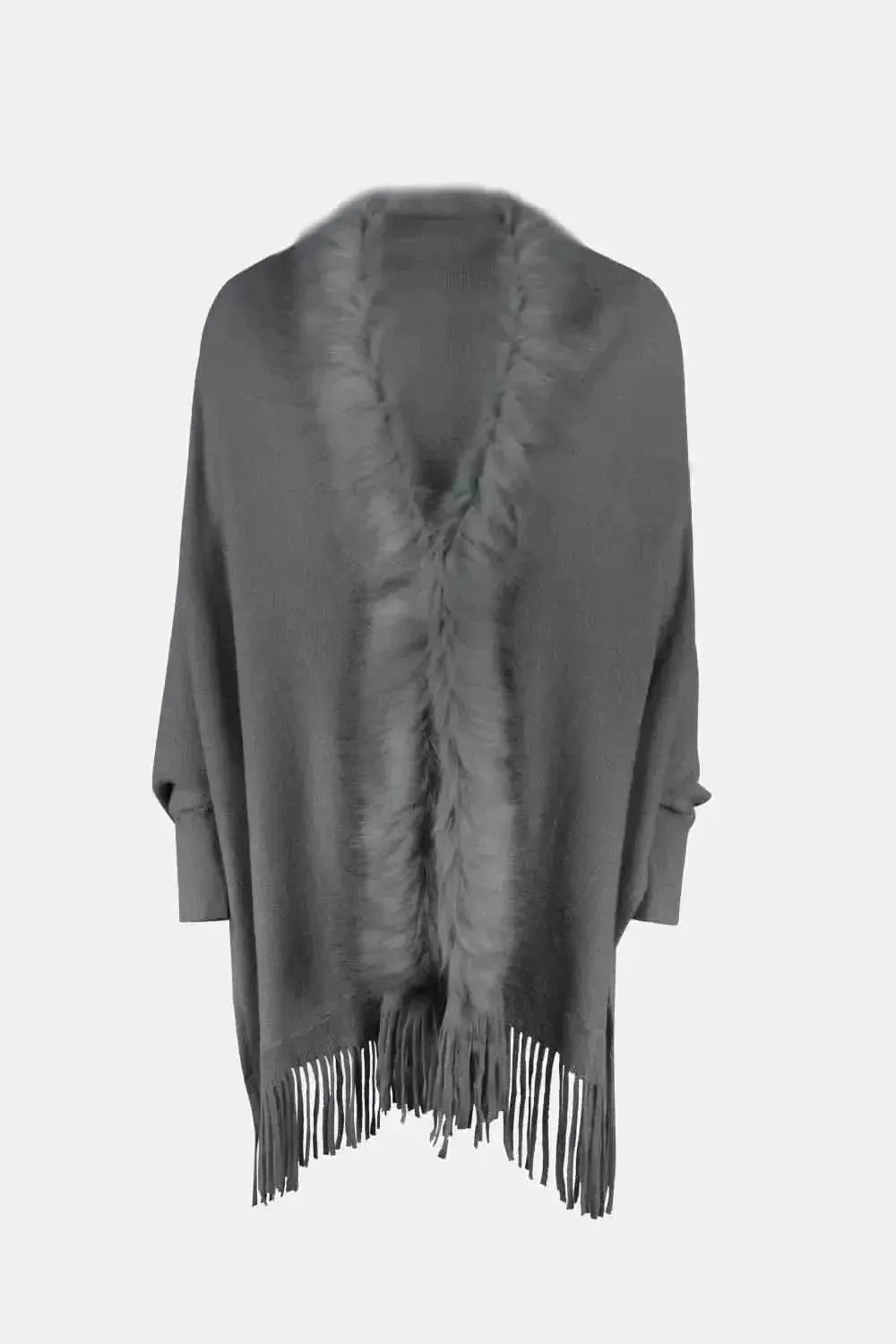 Fringe Open Front Long Sleeve Poncho - Bad Moms Club